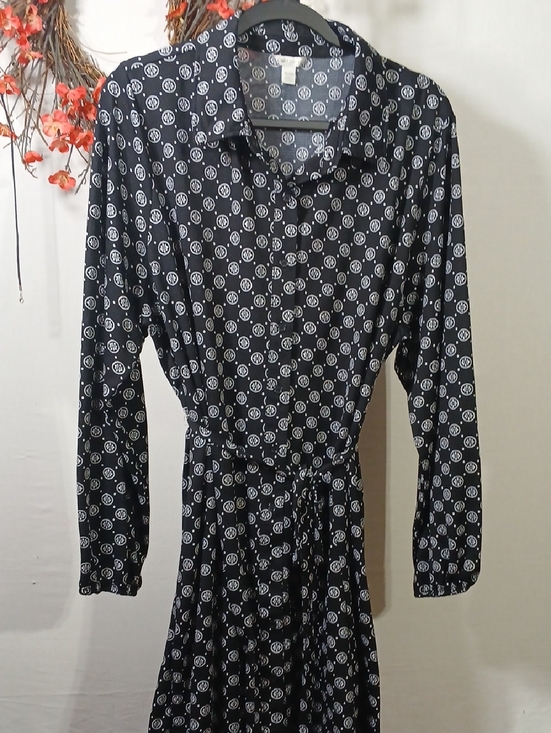 Cato Dresses & Skirts - Cato Black Long Sleeve Shirt Dress with White Dot Medallion Print